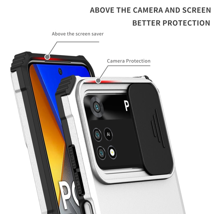 For Xiaomi Poco M4 Pro 4G Stereoscopic Holder Sliding Camshield Phone Case(White)