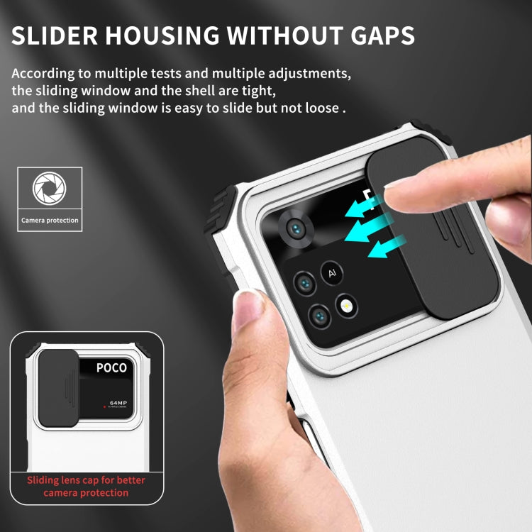 For Xiaomi Poco M4 Pro 4G Stereoscopic Holder Sliding Camshield Phone Case(White)