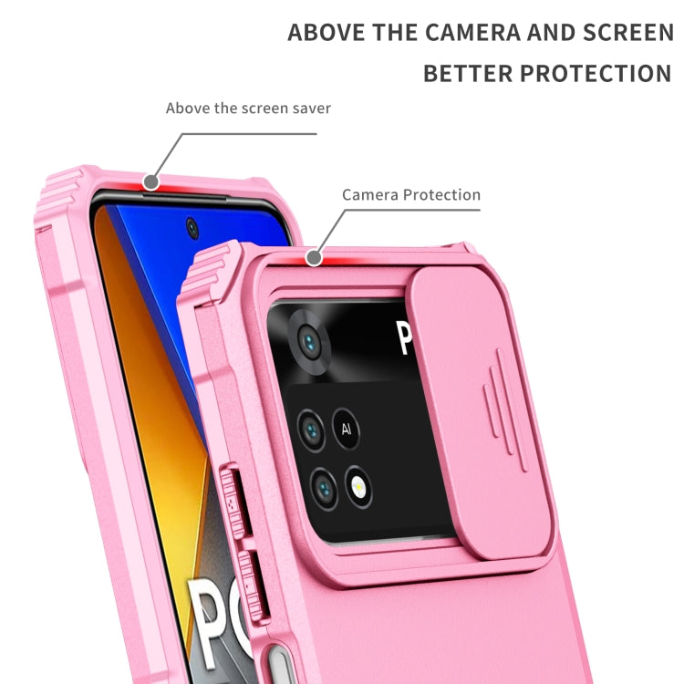 For Xiaomi Poco M4 Pro 4G Stereoscopic Holder Sliding Camshield Phone Case(Pink)