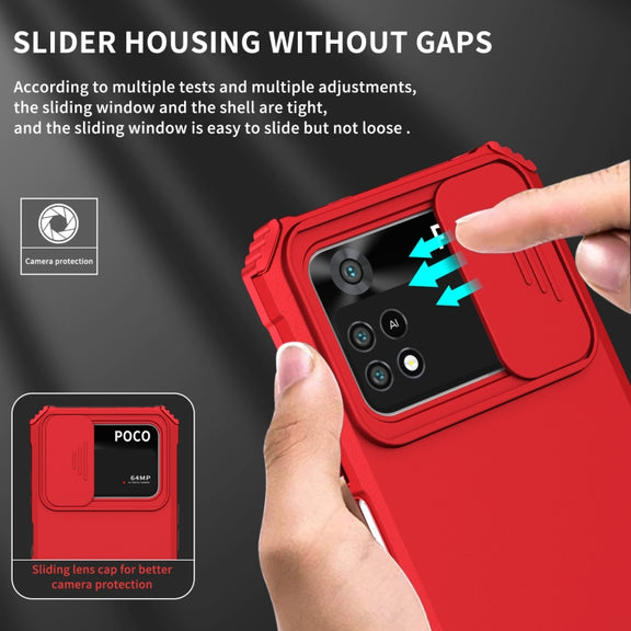 For Xiaomi Poco M4 Pro 4G Stereoscopic Holder Sliding Camshield Phone Case(Red)