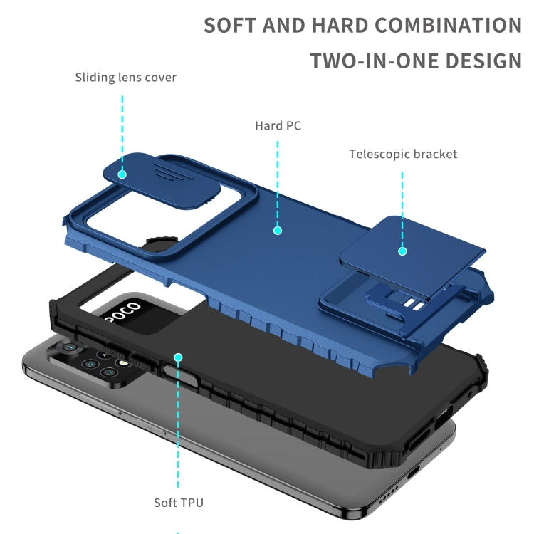 For Xiaomi Poco M4 Pro 4G Stereoscopic Holder Sliding Camshield Phone Case(Blue)