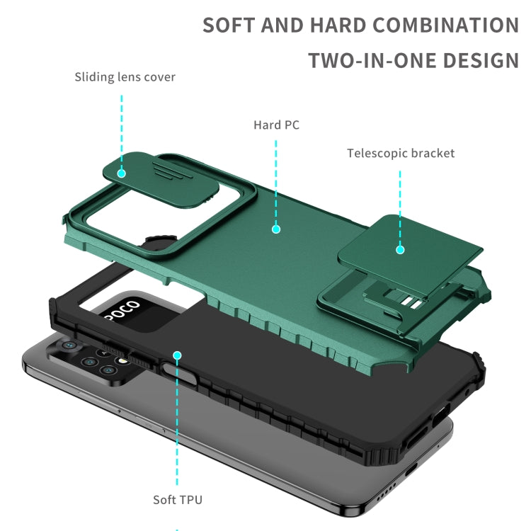 For Xiaomi Poco M4 Pro 4G Stereoscopic Holder Sliding Camshield Phone Case(Dark Green)