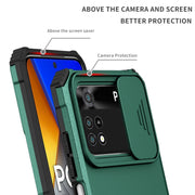 For Xiaomi Poco M4 Pro 4G Stereoscopic Holder Sliding Camshield Phone Case(Dark Green)