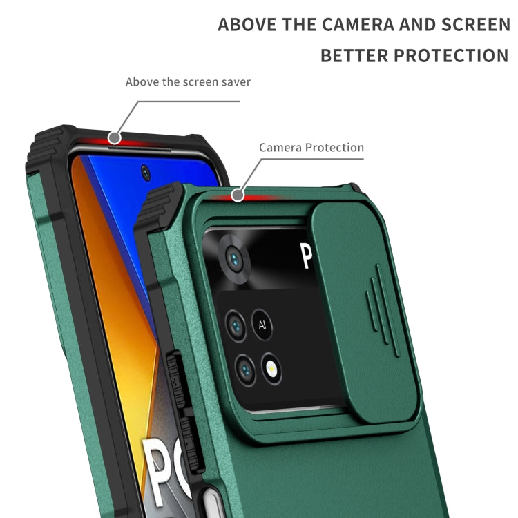 For Xiaomi Poco M4 Pro 4G Stereoscopic Holder Sliding Camshield Phone Case(Dark Green)