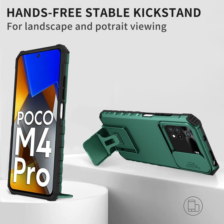 For Xiaomi Poco M4 Pro 4G Stereoscopic Holder Sliding Camshield Phone Case(Dark Green)