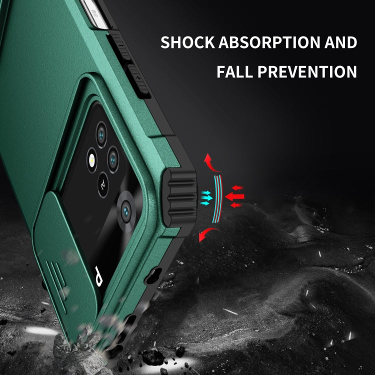 For Xiaomi Poco M4 Pro 4G Stereoscopic Holder Sliding Camshield Phone Case(Dark Green)