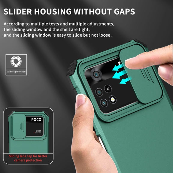 For Xiaomi Poco M4 Pro 4G Stereoscopic Holder Sliding Camshield Phone Case(Dark Green)