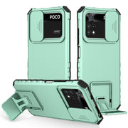 For Xiaomi Poco M4 Pro 4G Stereoscopic Holder Sliding Camshield Phone Case(Light Blue)