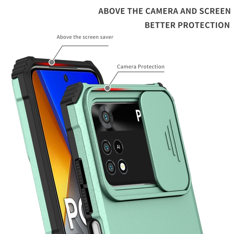 For Xiaomi Poco M4 Pro 4G Stereoscopic Holder Sliding Camshield Phone Case(Light Blue)