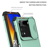 For Xiaomi Poco M4 Pro 4G Stereoscopic Holder Sliding Camshield Phone Case(Light Blue)