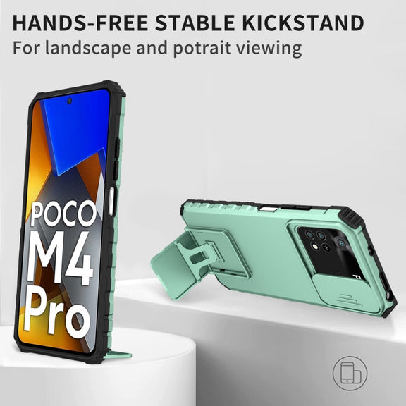 For Xiaomi Poco M4 Pro 4G Stereoscopic Holder Sliding Camshield Phone Case(Light Blue)