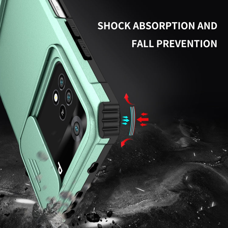 For Xiaomi Poco M4 Pro 4G Stereoscopic Holder Sliding Camshield Phone Case(Light Blue)
