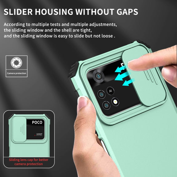 For Xiaomi Poco M4 Pro 4G Stereoscopic Holder Sliding Camshield Phone Case(Light Blue)