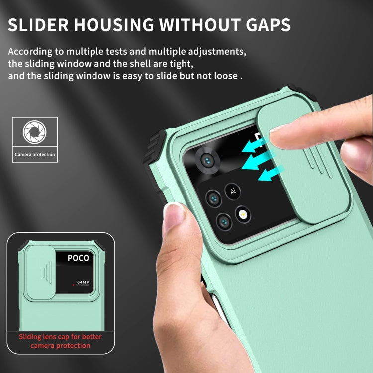 For Xiaomi Poco M4 Pro 4G Stereoscopic Holder Sliding Camshield Phone Case(Light Blue)