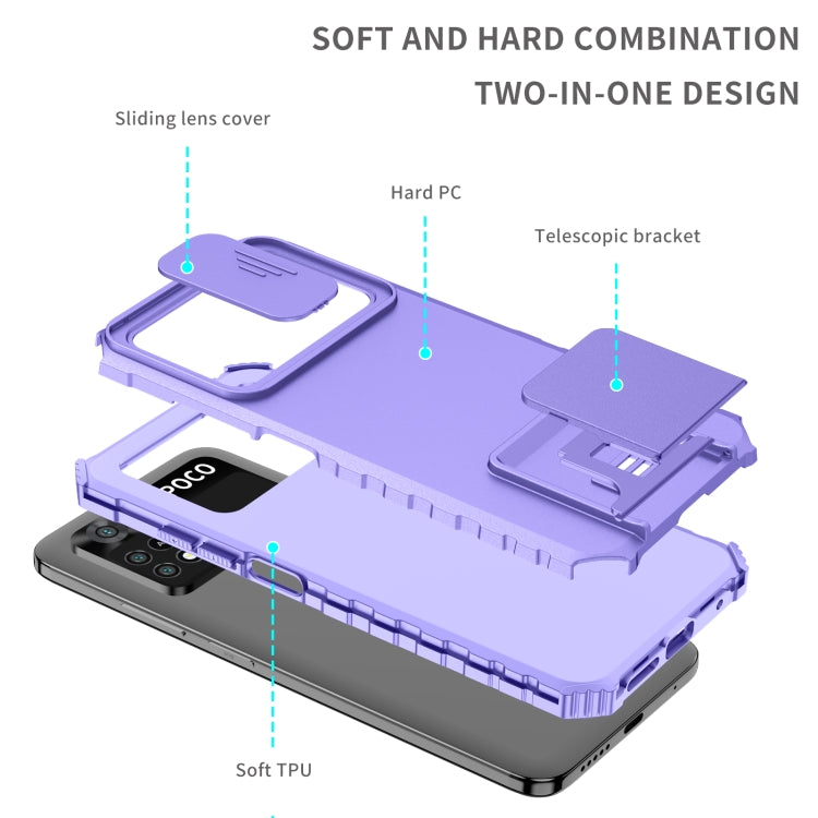 For Xiaomi Poco M4 Pro 4G Stereoscopic Holder Sliding Camshield Phone Case(Purple)