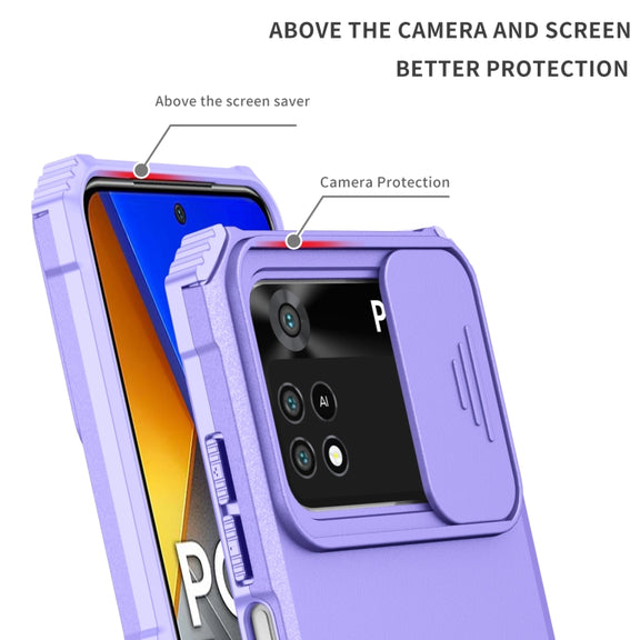 For Xiaomi Poco M4 Pro 4G Stereoscopic Holder Sliding Camshield Phone Case(Purple)