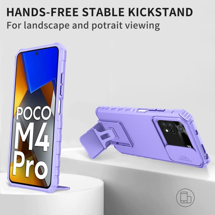 For Xiaomi Poco M4 Pro 4G Stereoscopic Holder Sliding Camshield Phone Case(Purple)