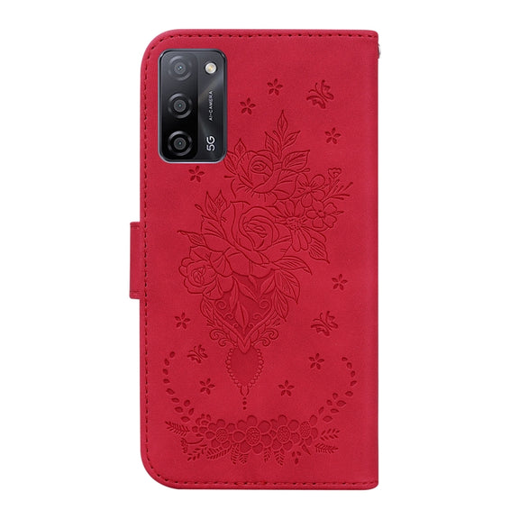 For OPPO A55 5G / A53s 5G / A16 Butterfly Rose Embossed Leather Phone Case(Red)