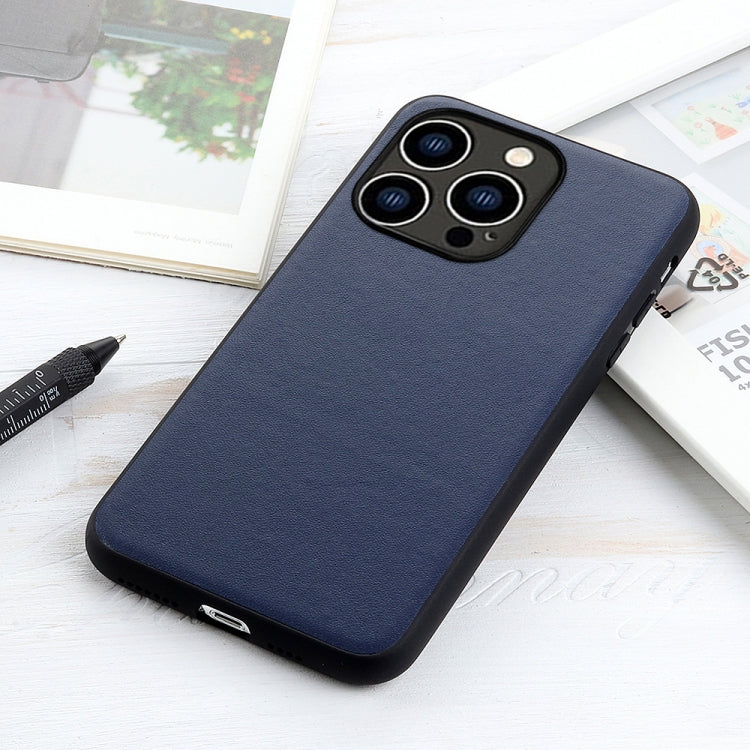 For iPhone 14 Pro Lambskin Texture Genuine Leather Phone Case (Blue)