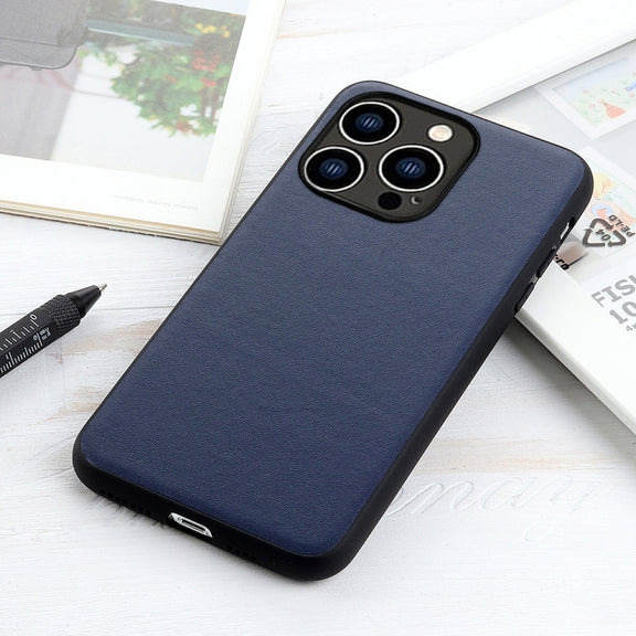 For iPhone 14 Pro Lambskin Texture Genuine Leather Phone Case (Blue)