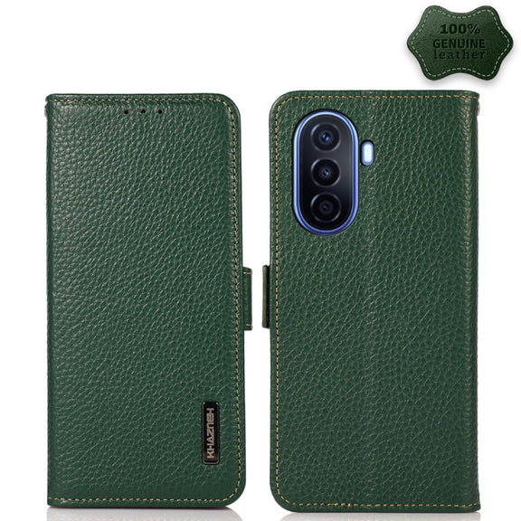 For Huawei nova Y70 Plus KHAZNEH Side-Magnetic Litchi Genuine Leather RFID Phone Case(Green)