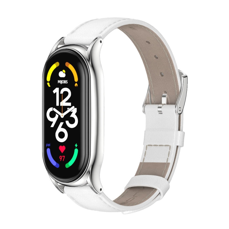 For Xiaomi Mi Band 7 / 7 NFC MIJOBS Plus Genuine Leather Watch Band(White Silver) - Watch Bands by MIJOBS