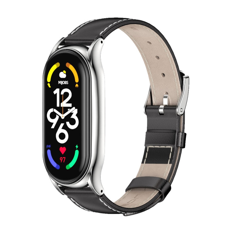 For Xiaomi Mi Band 7 / 7 NFC MIJOBS Plus Genuine Leather Watch Band(Black Silver) - Watch Bands by MIJOBS