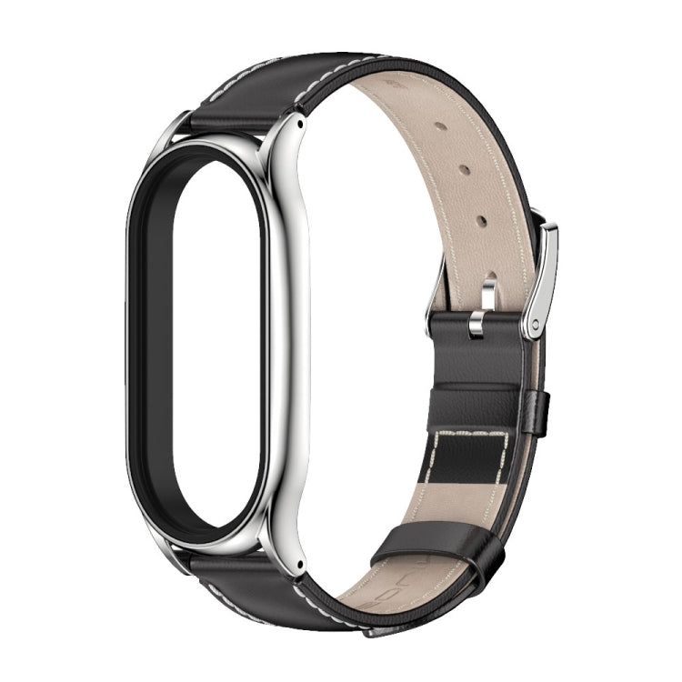 For Xiaomi Mi Band 7 / 7 NFC MIJOBS Plus Genuine Leather Watch Band(Black Silver) - Watch Bands by MIJOBS