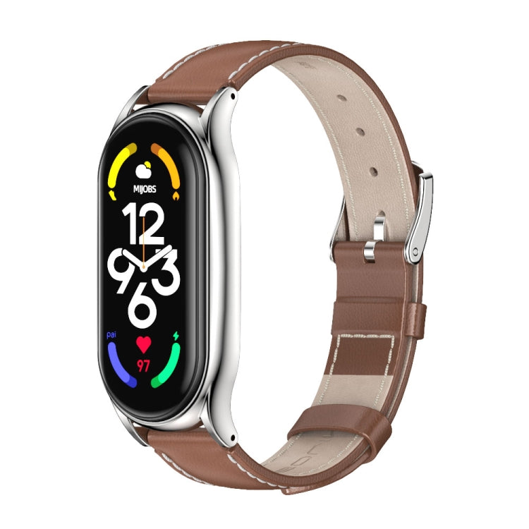 For Xiaomi Mi Band 7 / 7 NFC MIJOBS Plus Genuine Leather Watch Band(Brown SIlver) - Watch Bands by MIJOBS