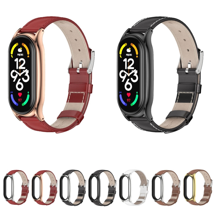 For Xiaomi Mi Band 7 / 7 NFC MIJOBS Plus Genuine Leather Watch Band(Brown SIlver) - Watch Bands by MIJOBS