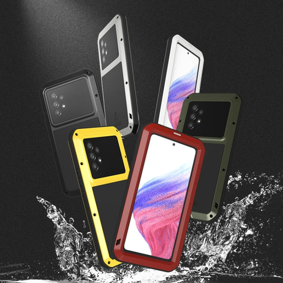 For Samsung Galaxy A53 LOVE MEI Metal Shockproof Water-resistant Dustproof Protective Phone Case with Glass(Yellow)