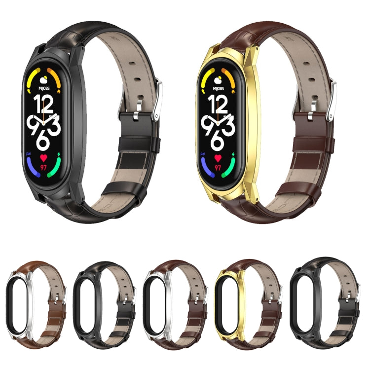 For Xiaomi Mi Band 7 / 7 NFC MIJOBS GT Metal Case Top Layer Cowhide Watch Band(Bamboo Coffee Silver) - Watch Bands by MIJOBS