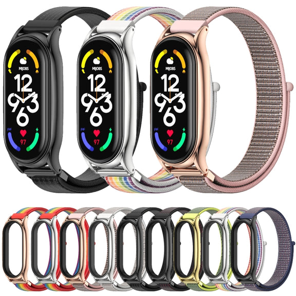 For Xiaomi Mi Band 7 / 7 NFC MIJOBS Plus Stainless Steel Case Nylon Watch Band(Sea Shell Silver) - Watch Bands by MIJOBS