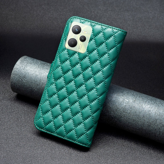 For OPPO Realme C35 Diamond Lattice Wallet Leather Flip Phone Case(Green)