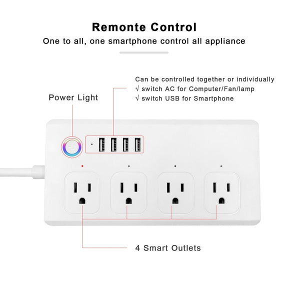 ZigBee 10A SM-SO301-U 2500W 4 Holes + 4 USB Smart Power Strip, US Plug(White)