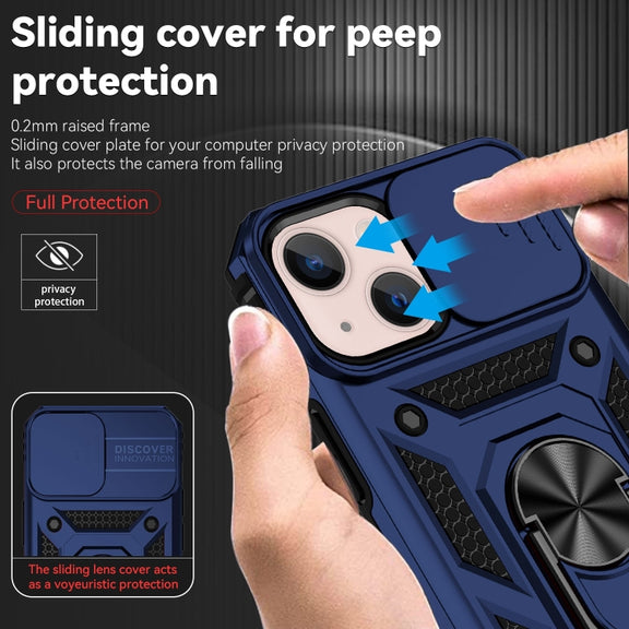 For iPhone 14 Plus Sliding Camshield Holder Phone Case (Blue)