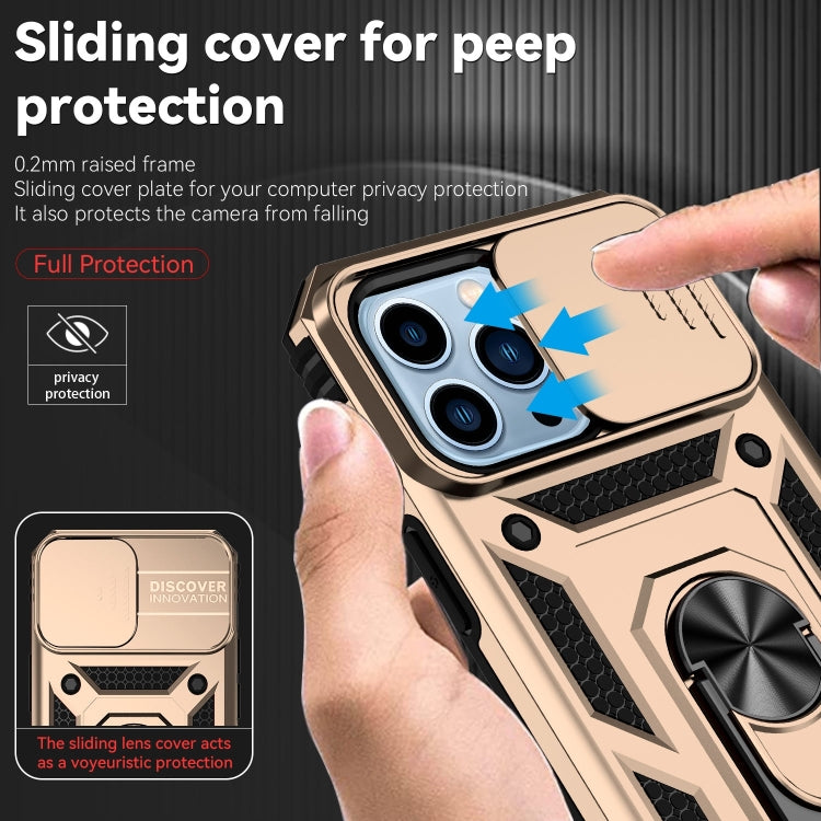 For iPhone 14 Pro Max Sliding Camshield Holder Phone Case (Gold)
