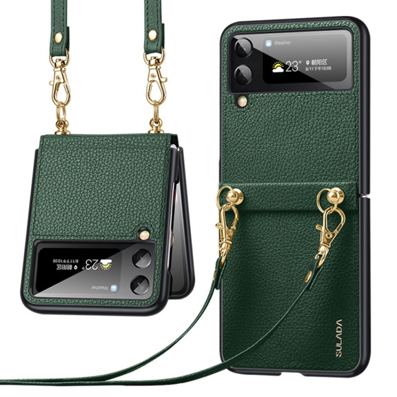 For Samsung Galaxy Z Flip3 5G SULADA Litchi Texture Leather + TPU Phone Case with Strap(Green)