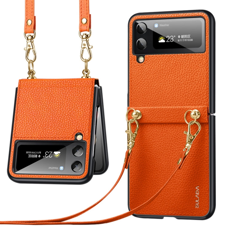 For Samsung Galaxy Z Flip3 5G SULADA Litchi Texture Leather + TPU Phone Case with Strap(Orange)