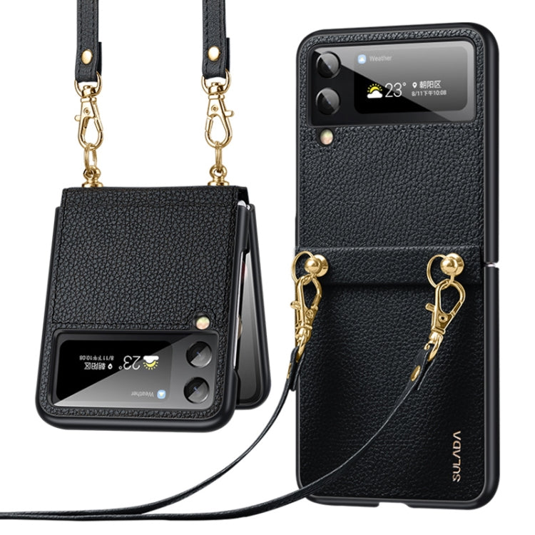 For Samsung Galaxy Z Flip3 5G SULADA Litchi Texture Leather + TPU Phone Case with Strap(Black)