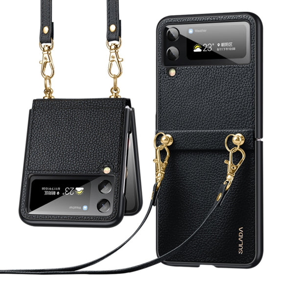 For Samsung Galaxy Z Flip3 5G SULADA Litchi Texture Leather + TPU Phone Case with Strap(Black)