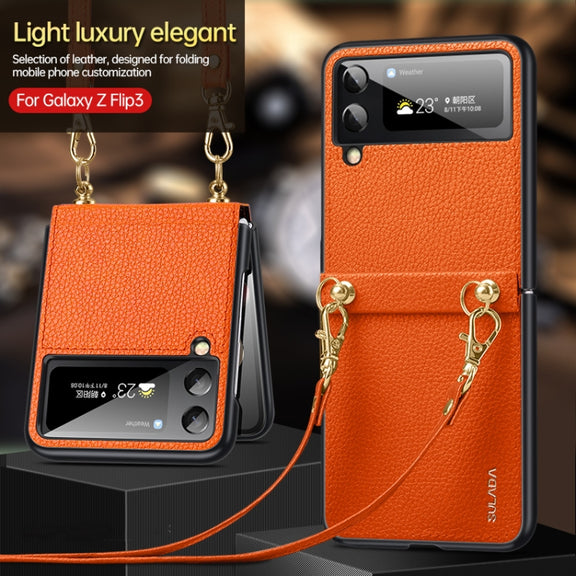 For Samsung Galaxy Z Flip3 5G SULADA Litchi Texture Leather + TPU Phone Case with Strap(Green)