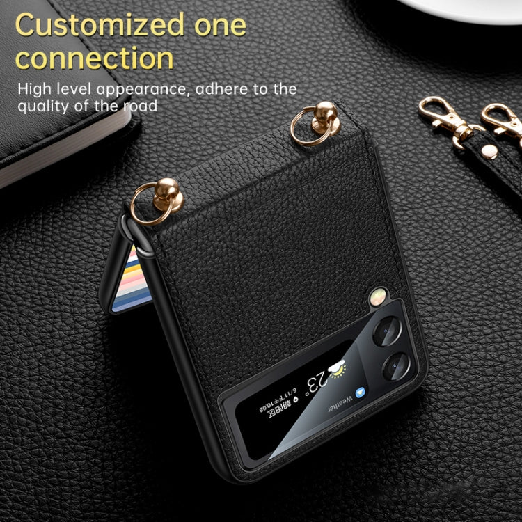 For Samsung Galaxy Z Flip3 5G SULADA Litchi Texture Leather + TPU Phone Case with Strap(Black)