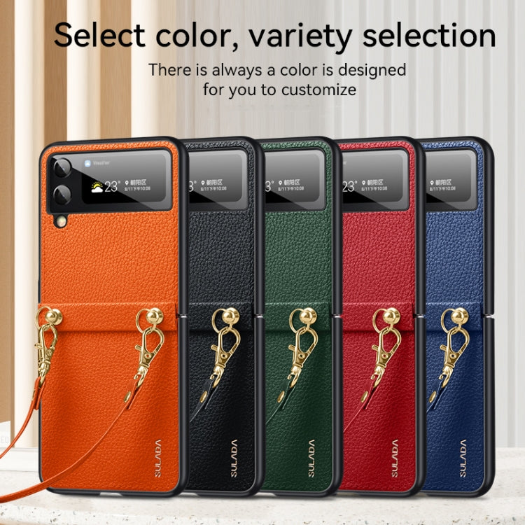 For Samsung Galaxy Z Flip3 5G SULADA Litchi Texture Leather + TPU Phone Case with Strap(Black)