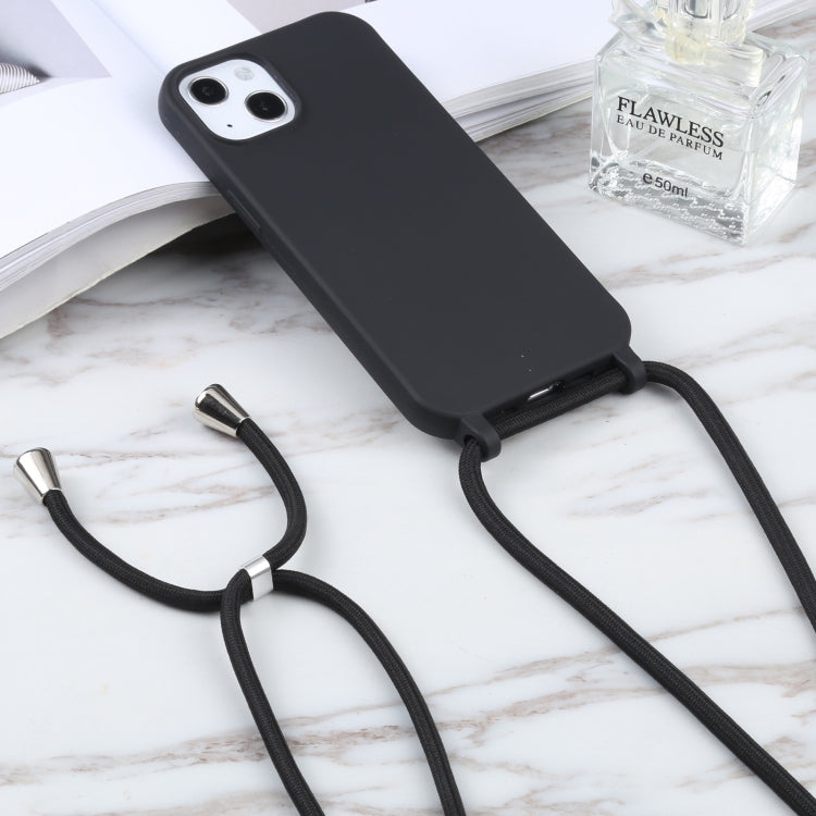 For iPhone 14 Plus Candy Colors TPU Protective Phone Case with Lanyard (Black)