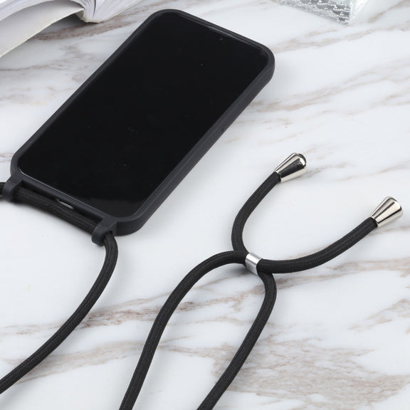 For iPhone 14 Plus Candy Colors TPU Protective Phone Case with Lanyard (Black)