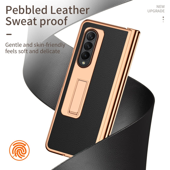 For Samsung Galaxy Z Fold4 Litchi Texture Leather Hinged Electroplated Phone Case with Pen(Black)