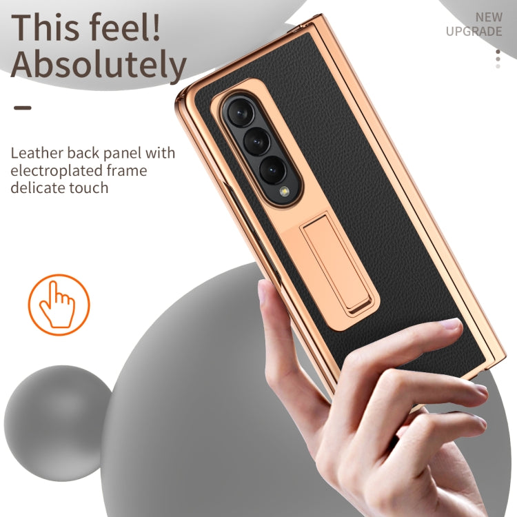 For Samsung Galaxy Z Fold4 Litchi Texture Leather Hinged Electroplated Phone Case with Pen(Black)