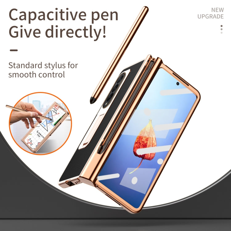 For Samsung Galaxy Z Fold4 Litchi Texture Leather Hinged Electroplated Phone Case with Pen(Black)