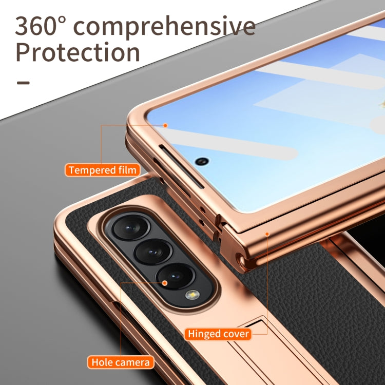 For Samsung Galaxy Z Fold4 Litchi Texture Leather Hinged Electroplated Phone Case with Pen(Black)